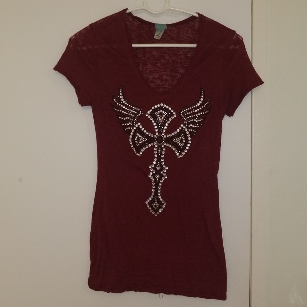 Maroon V-Neck Bling Shirt